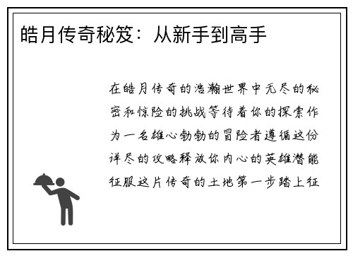 皓月传奇秘笈：从新手到高手
